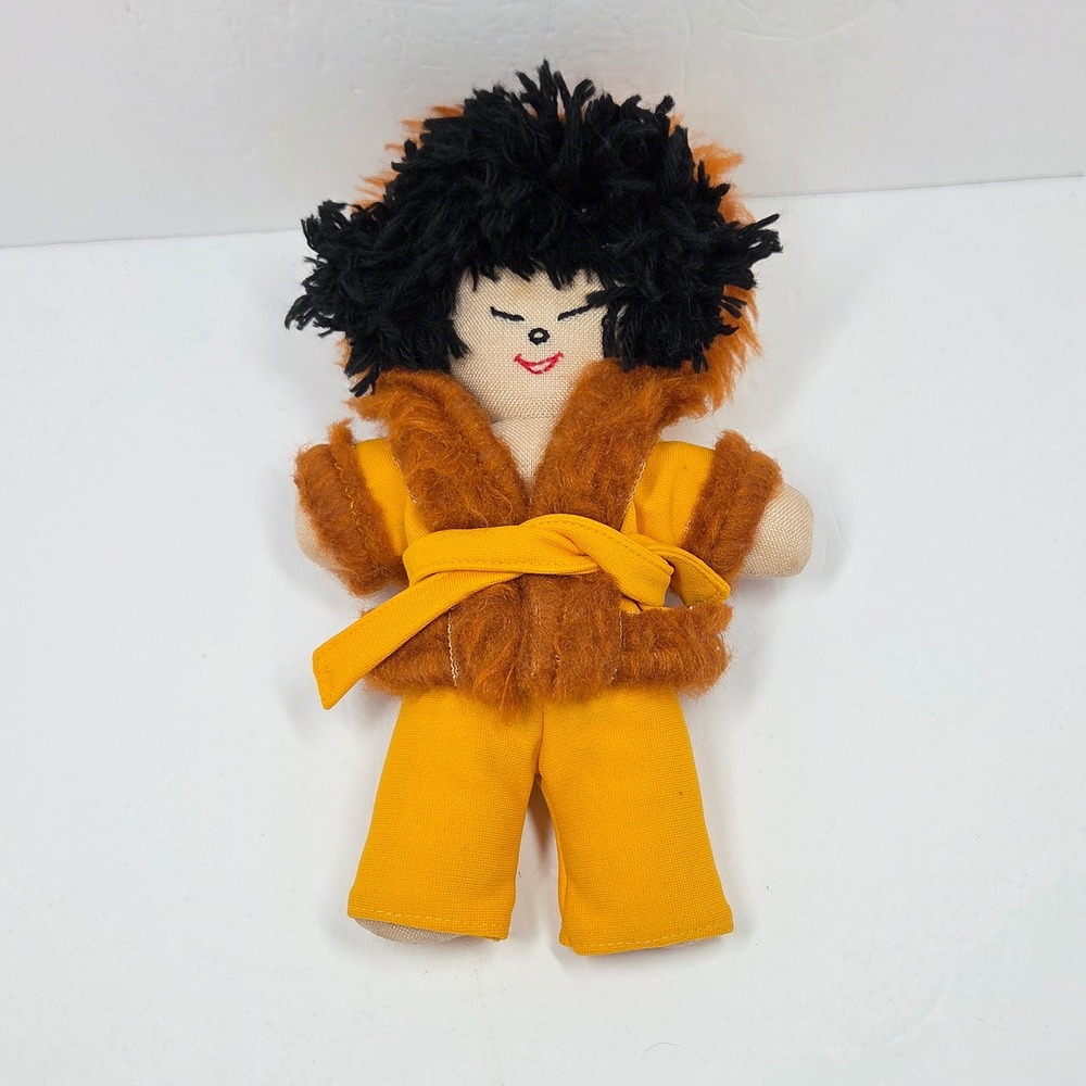 Vintage Handmade Cloth Doll Yellow Faux Fur Trim Black Yarn Hair 11.5 Inch Plush